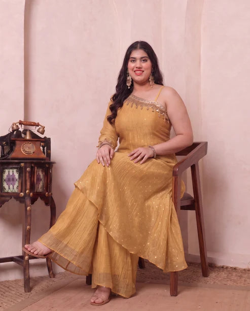 Golden Shimmer Crushed Butti Work One Shoulder Tunic With Palazzo Plus Size Indo Western Women Co-ord Set