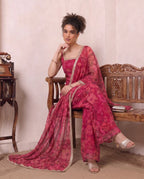 Magenta Floral Print Chiffon Kurta & Palazzo With Dupatta Indo Western Women 3 Piece Set