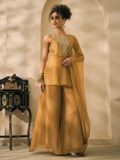 Shimmer Golden Butti Work Peplum Top And Palazzo With Dupatta Indo Western Women 3 Piece Set