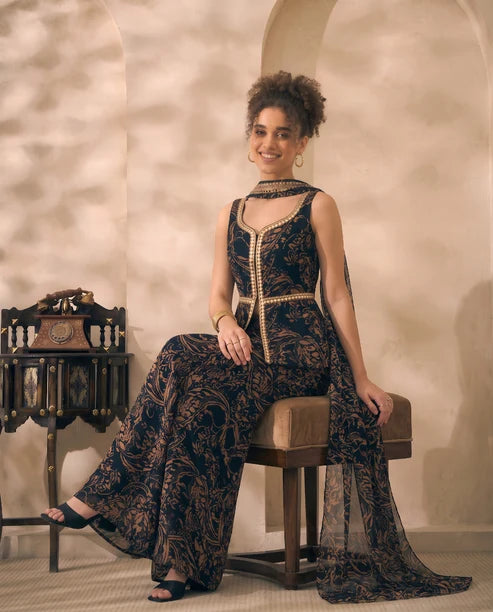 Black Abstract Printed Chiffon Corset Top & Palazzo With Dupatta Women 3 Piece Set