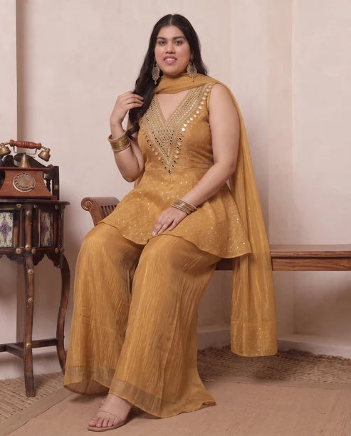 Shimmer Golden Butti Work Peplum Top & Palazzo With Dupatta Indo Western Women's Plus Size 3 Piece Set