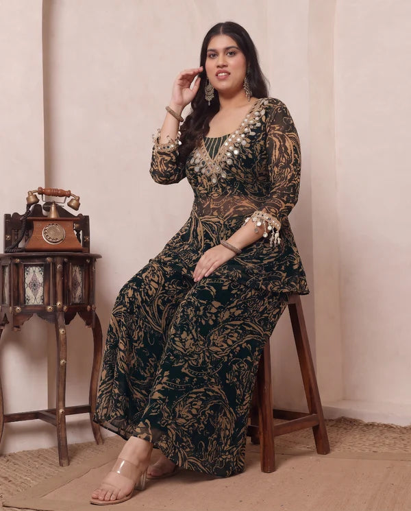 Black & Beige Printed Chiffon Deep Neck Kurta With Palazzo & Bustier Plus Size Indo Western Women 3 Piece Set