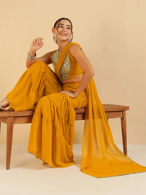 Mustard Embroidered Patch Crop Top With Tiered Palazzo Saree Fusion Co-Ord Set