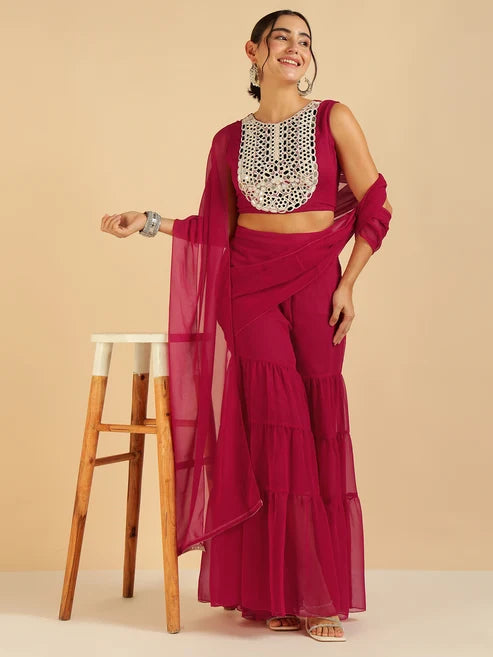 Fuchsia Embroidered Patch Crop Top With Tiered Palazzo Saree Fusion Women Co-Ord Set