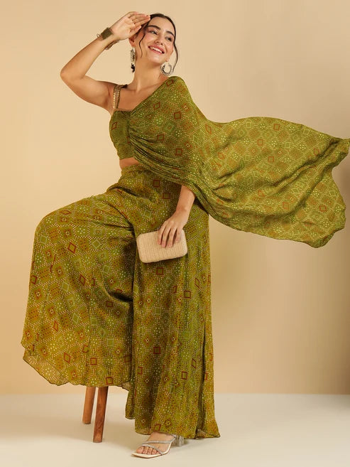 Olive Green Bandhani Printed Crop Top With Sharara Saree Fusion Co-Ord Set