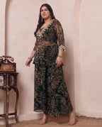 Black & Beige Printed Chiffon Deep Neck Kurta With Palazzo & Bustier Plus Size Indo Western Women 3 Piece Set