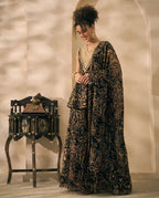 Black Abstract Printed Chiffon Peplum Top & Palazzo With Dupatta Indo Western Women 3 Piece Set