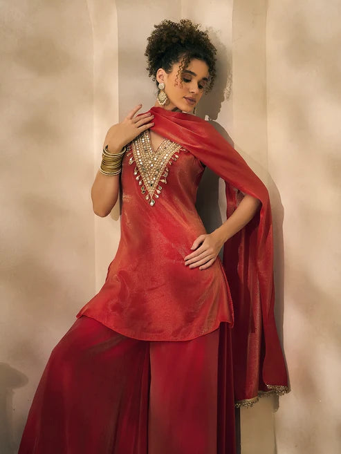 Red Lurex V- Neck Embroidered Neck Patch Kurta With Palazzo With Dupatta Indo Western 3 Piece Women Set