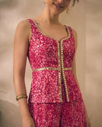 Magenta Floral Print Chiffon Corset Top & Palazzo With Dupatta Women 3 Piece Set