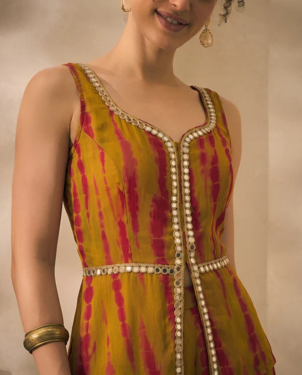 Olive Tie Dye Chiffon Corset Top & Palazzo With Dupatta Women 3 Piece Set