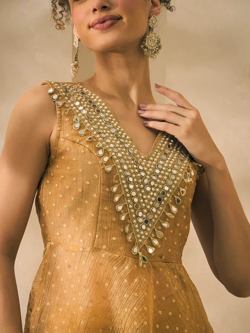 Shimmer Golden Butti Work Peplum Top And Palazzo With Dupatta Indo Western Women 3 Piece Set