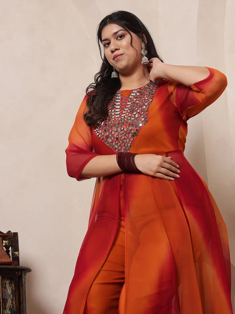 Multi Colour Embroidered Tunic & Palazzo Women Plus Size Fusion Co-Ord Set