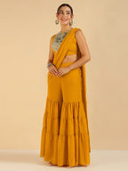 Mustard Embroidered Patch Crop Top With Tiered Palazzo Saree Fusion Co-Ord Set