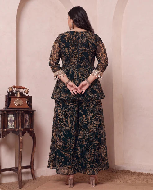 Black & Beige Printed Chiffon Deep Neck Kurta With Palazzo & Bustier Plus Size Indo Western Women 3 Piece Set