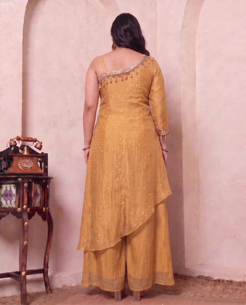 Golden Shimmer Crushed Butti Work One Shoulder Tunic With Palazzo Plus Size Indo Western Women Co-ord Set