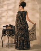 Black Abstract Printed Chiffon Peplum Top & Palazzo With Dupatta Indo Western Women 3 Piece Set
