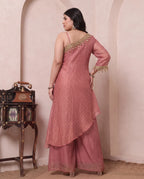 Pink Shimmer Crushed Butti Work One Shoulder Tunic With Palazzo Plus Size Indo Western Women Co-ord Set
