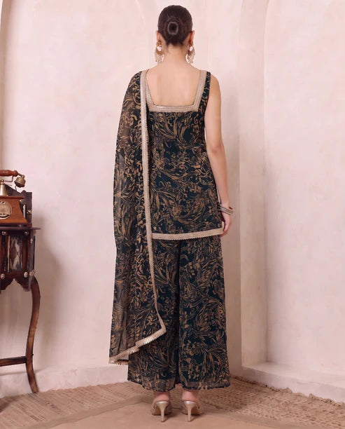 Black Abstract Printed Chiffon Kurta & Palazzo With Dupatta Indo Western Women 3 Piece Set
