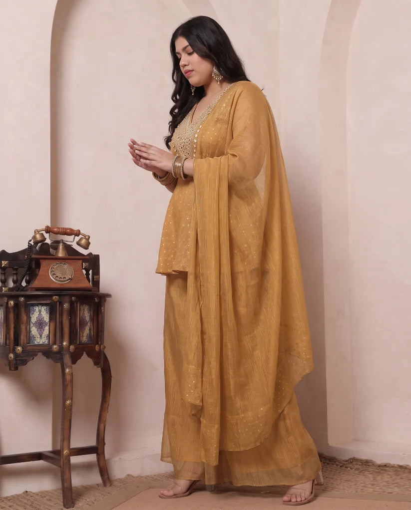 Shimmer Golden Butti Work Peplum Top & Palazzo With Dupatta Indo Western Women's Plus Size 3 Piece Set