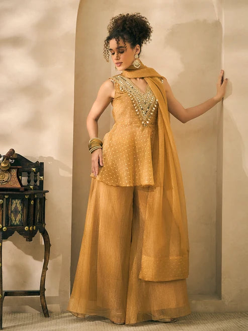 Shimmer Golden Butti Work Peplum Top And Palazzo With Dupatta Indo Western Women 3 Piece Set