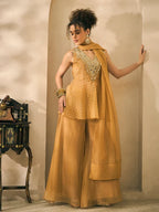 Shimmer Golden Butti Work Peplum Top And Palazzo With Dupatta Indo Western Women 3 Piece Set