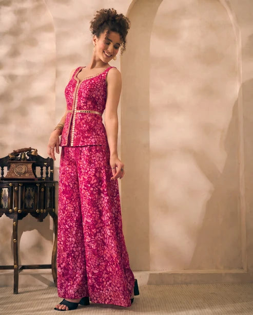Magenta Floral Print Chiffon Corset Top & Palazzo With Dupatta Women 3 Piece Set