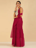 Fuchsia Embroidered Patch Crop Top With Tiered Palazzo Saree Fusion Women Co-Ord Set