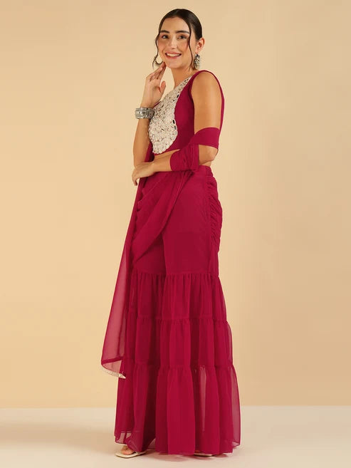 Fuchsia Embroidered Patch Crop Top With Tiered Palazzo Saree Fusion Women Co-Ord Set