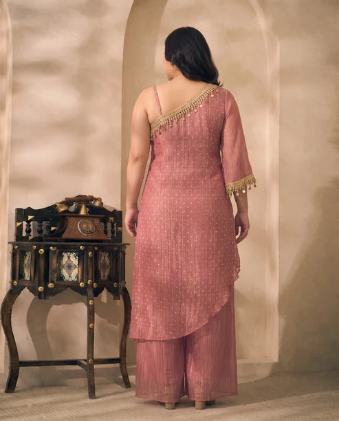 Pink Shimmer Crushed Butti Work One Shoulder Tunic With Palazzo Plus Size Indo Western Women Co-ord Set