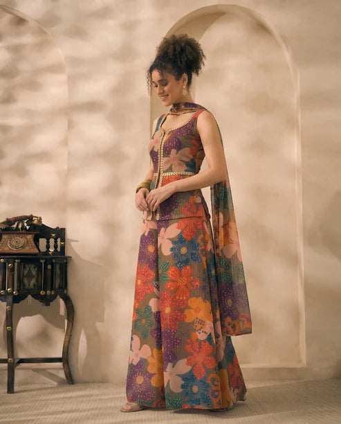 Multicolor Floral Printed Chiffon Corset Top & Palazzo With Dupatta Women 3 Piece Set