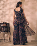Black Abstract Printed Chiffon Corset Top & Palazzo With Dupatta Women's Plus Size 3 Piece Set