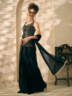 Scoop Neck Peplum Zigzag Embroidered Corset Top With Dhoti And Dupatta. Women Indo Western 3 Piece Set