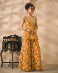 Yellow Floral Printed Chiffon Peplum Top & Palazzo With Dupatta Indo Western Women 3 Piece Set