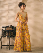 Yellow Floral Printed Chiffon Peplum Top & Palazzo With Dupatta Indo Western Women 3 Piece Set