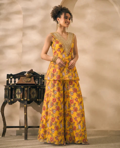 Yellow Floral Printed Chiffon Peplum Top & Palazzo With Dupatta Indo Western Women 3 Piece Set