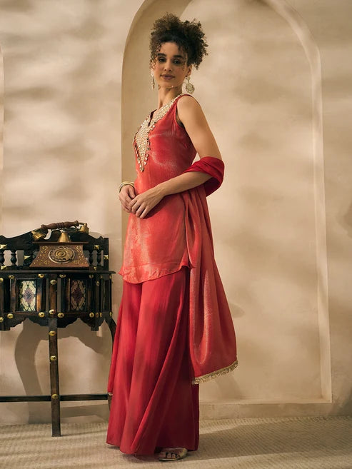 Red Lurex V- Neck Embroidered Neck Patch Kurta With Palazzo With Dupatta Indo Western 3 Piece Women Set