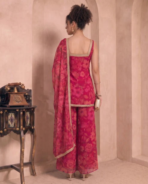 Magenta Floral Print Chiffon Kurta & Palazzo With Dupatta Indo Western Women 3 Piece Set