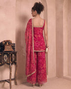 Magenta Floral Print Chiffon Kurta & Palazzo With Dupatta Indo Western Women 3 Piece Set