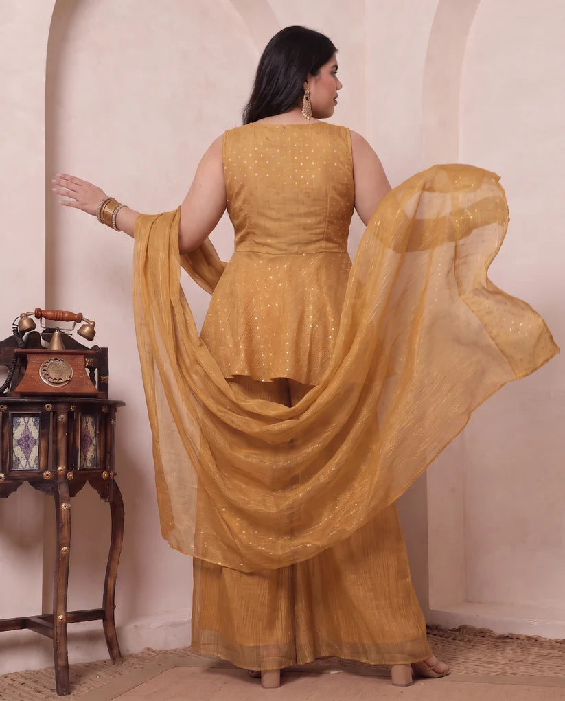 Shimmer Golden Butti Work Peplum Top & Palazzo With Dupatta Indo Western Women's Plus Size 3 Piece Set