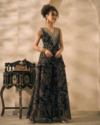 Black Abstract Printed Chiffon Peplum Top & Palazzo With Dupatta Indo Western Women 3 Piece Set