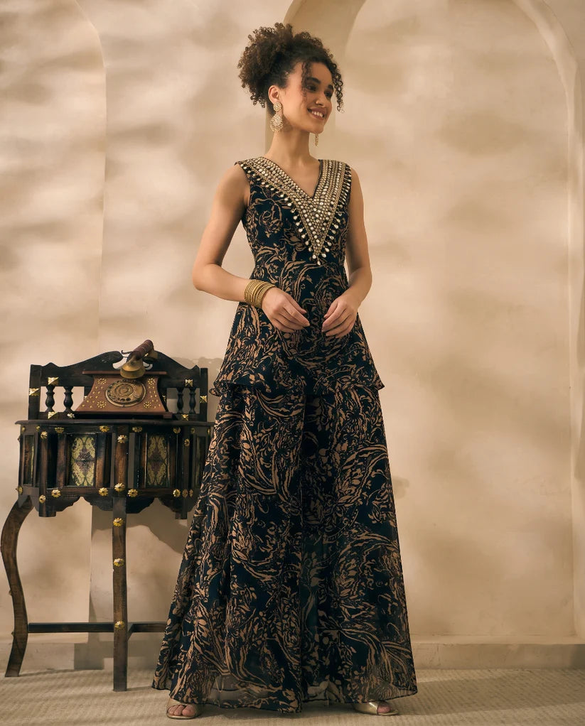 Black Abstract Printed Chiffon Peplum Top & Palazzo With Dupatta Indo Western Women 3 Piece Set