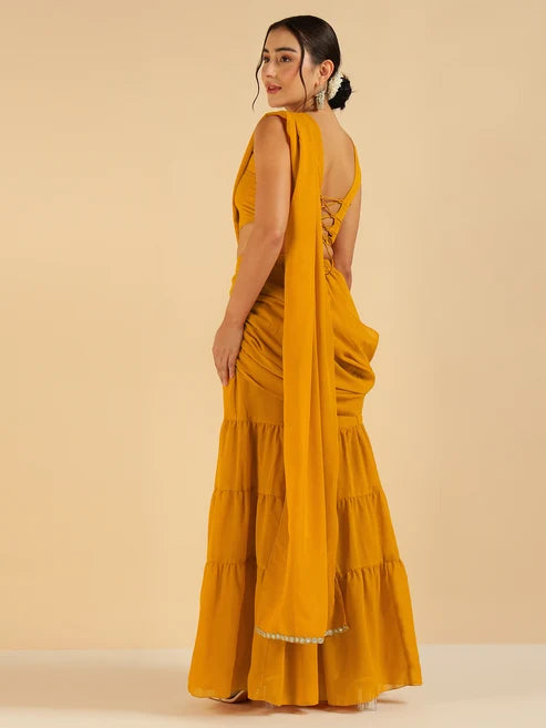Mustard Embroidered Patch Crop Top With Tiered Palazzo Saree Fusion Co-Ord Set