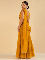 Mustard Embroidered Patch Crop Top With Tiered Palazzo Saree Fusion Co-Ord Set