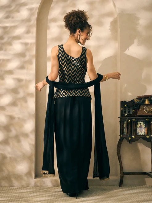 Scoop Neck Peplum Zigzag Embroidered Corset Top With Dhoti And Dupatta. Women Indo Western 3 Piece Set