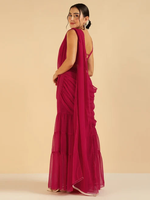 Fuchsia Embroidered Patch Crop Top With Tiered Palazzo Saree Fusion Women Co-Ord Set
