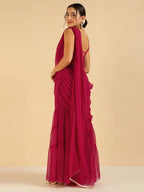 Fuchsia Embroidered Patch Crop Top With Tiered Palazzo Saree Fusion Women Co-Ord Set