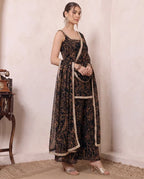 Black Abstract Printed Chiffon Kurta & Palazzo With Dupatta Indo Western Women 3 Piece Set