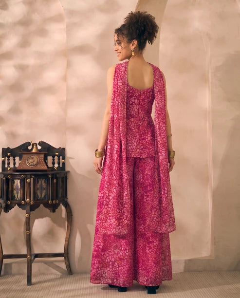 Magenta Floral Print Chiffon Corset Top & Palazzo With Dupatta Women 3 Piece Set