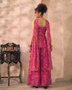 Magenta Floral Print Chiffon Corset Top & Palazzo With Dupatta Women 3 Piece Set