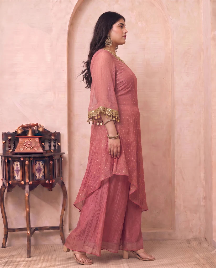 Pink Shimmer Crushed Butti Work One Shoulder Tunic With Palazzo Plus Size Indo Western Women Co-ord Set